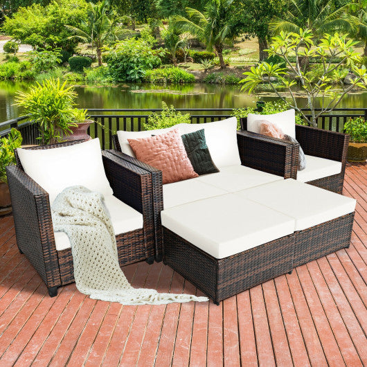 5 Pieces Patio Cushioned Rattan Furniture Set-White