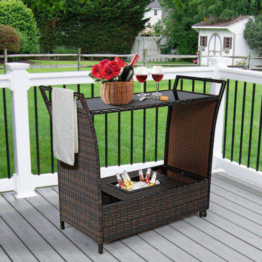 Patio Rattan Bar Serving Cart with Glass Top and Handle