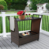 Patio Rattan Bar Serving Cart with Glass Top and Handle