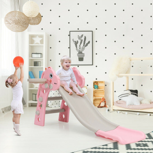 3-in-1 Kids Slide Baby Play Climber Slide Set with Basketball Hoop-Pink