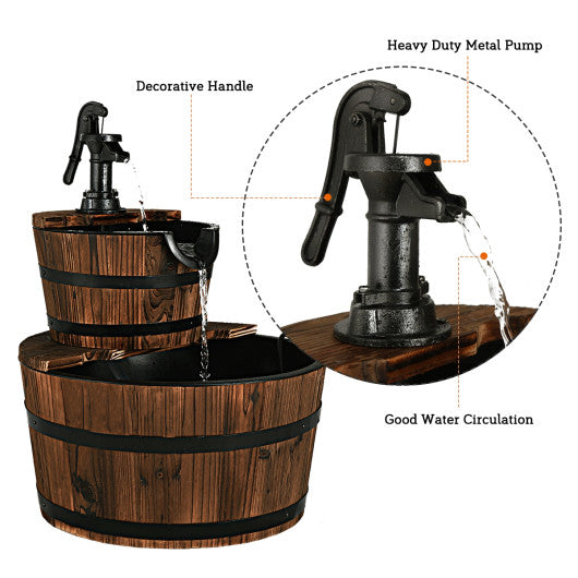 2-Tiers Outdoor Wooden Barrel Waterfall Fountain with Pump