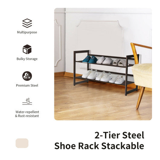 2-Tier Stackable Metal Rack Flat & Slant Adjustable Shoe Organizer