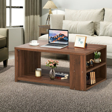 Coffee Table Sofa Side Table with Storage Shelves -Walnut