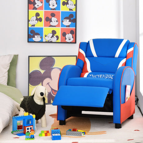 Kids Leather Recliner Chair with Side Pockets-Blue