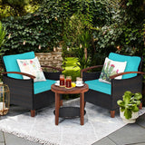 3 Pieces Patio Rattan Furniture Set with Washable Cushion and Acacia Wood Tabletop-Turquoise