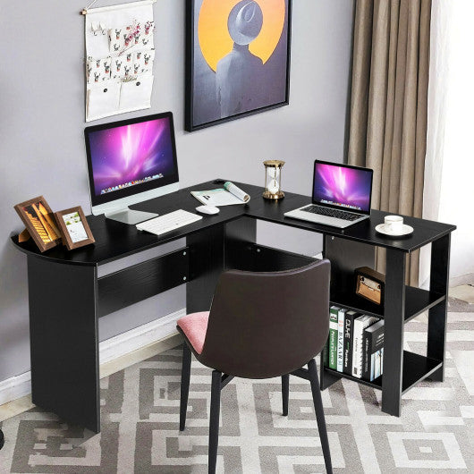 Modern L-Shaped Computer Desk with Shelves-Black