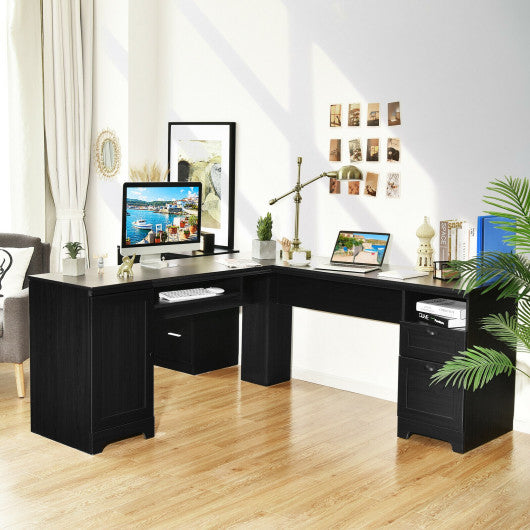 66 Inch L-Shaped Writing Study Workstation Computer Desk with Drawers-Black