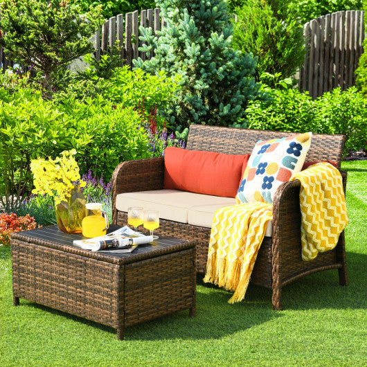 2 Pieces Cushioned Patio Rattan Furniture Set