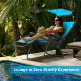 Folding Recliner Lounge Chair with Shade Canopy Cup Holder-Blue