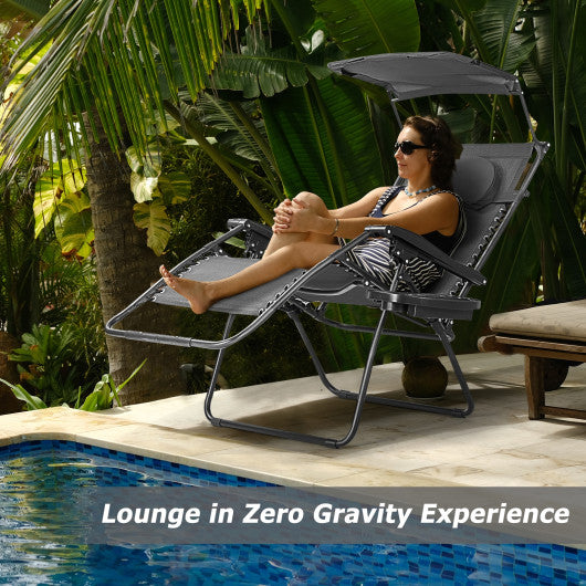 Folding Recliner Lounge Chair with Shade Canopy Cup Holder-Black