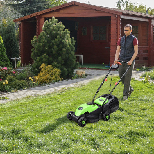 14 Inch Electric Push Lawn Corded Mower with Grass Bag-Green