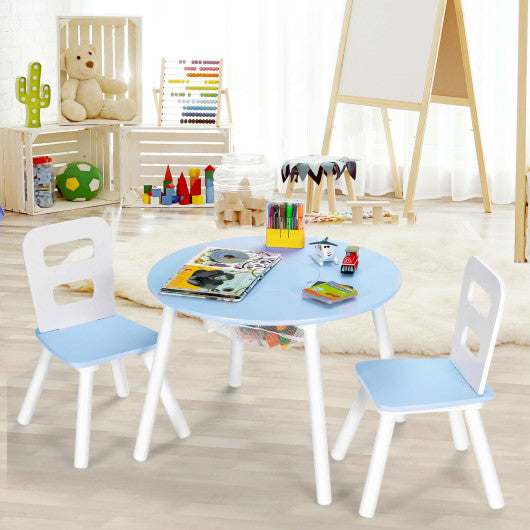 Wood Activity Kids Table and Chair Set with Center Mesh Storage for Snack Time and Homework-Blue