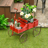 Wooden Wagon Plant Bed With Wheel for Garden Yard-Red