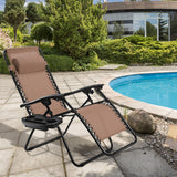 Outdoor Folding Zero Gravity Reclining Lounge Chair with Utility Tray-Brown