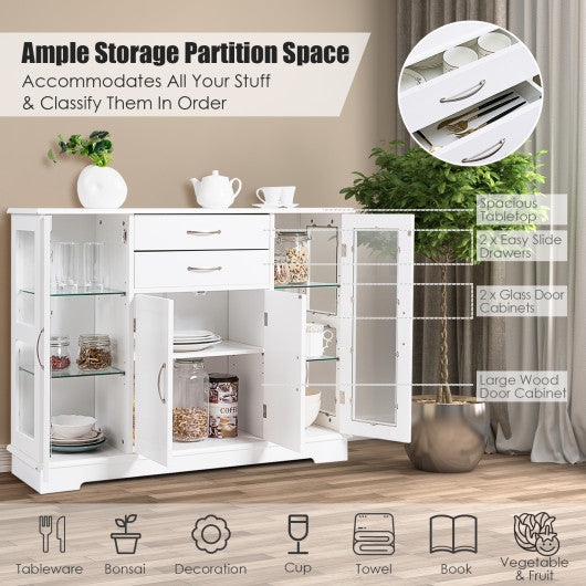 Sideboard Buffet Server Storage Cabinet with 2 Drawers and Glass Doors-White