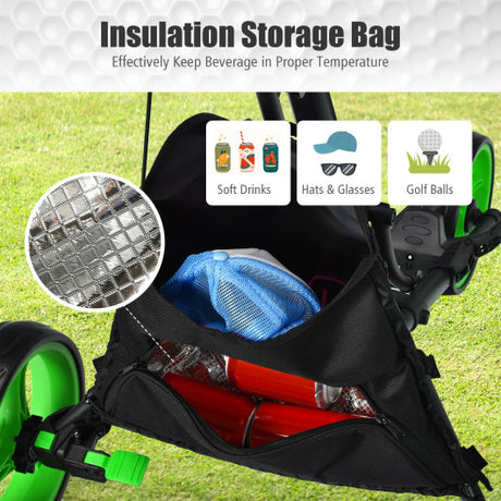 Folding 3 Wheels Golf Push Cart with Bag Scoreboard Adjustable Handle-Green