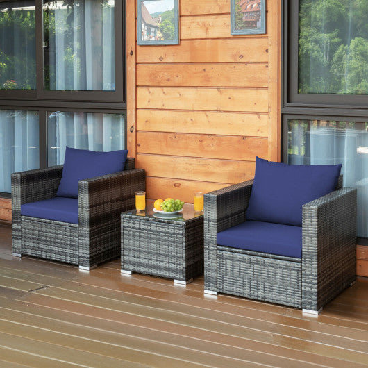 3 Pcs Patio Rattan Furniture Bistro Sofa Set with Cushioned-Navy