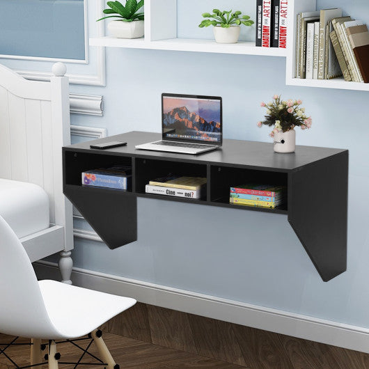 Wall Mounted Floating Sturdy Computer Table with Storage Shelf-Black