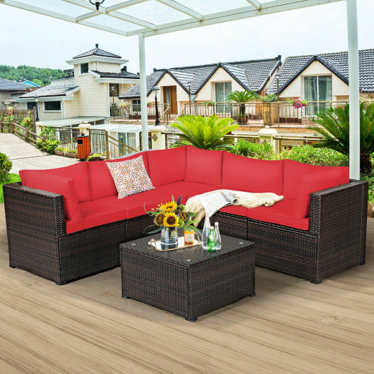 6 Pieces Patio Rattan Furniture Set Sectional Cushioned Sofa Deck-Red