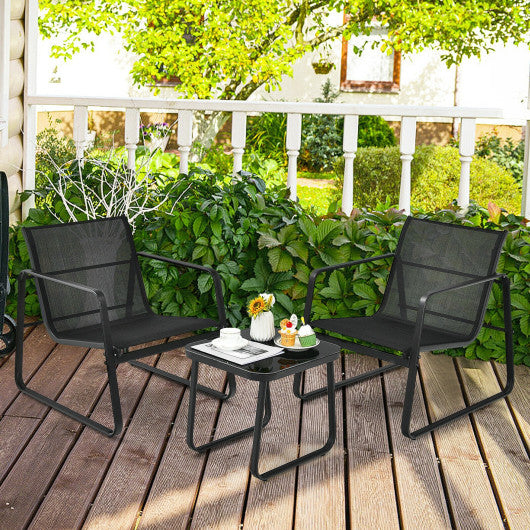 3 Pieces Patio Bistro Furniture Set with Glass Top Table Garden Deck-Black