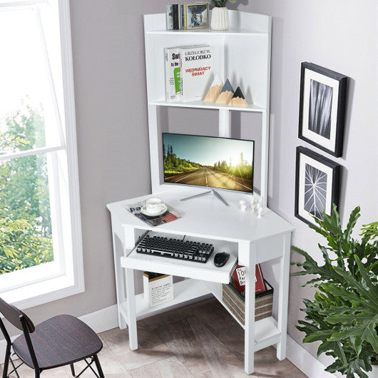Corner Computer Desk with Hutch and Storage Shelves-White