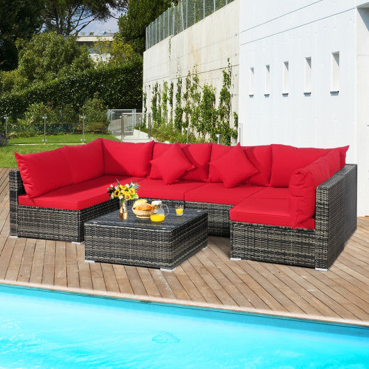 7 Pieces Patio Rattan Furniture Set Sectional Sofa Garden Cushion-Red