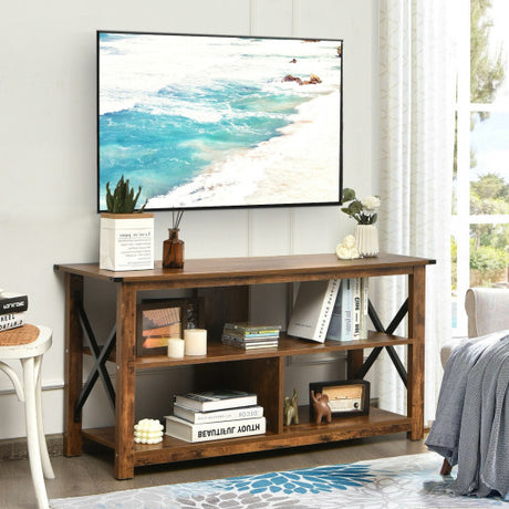 3 Tier Wood TV Stand for 55-Inch with Open Shelves and X-Shaped Frame-Brown