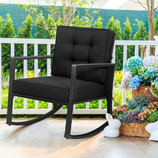 Patio Rattan Rocker Outdoor Glider Rocking Chair Cushion Lawn-Black