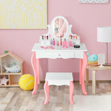Kids Vanity Princess Makeup Dressing Table Stool Set with Mirror and Drawer-White