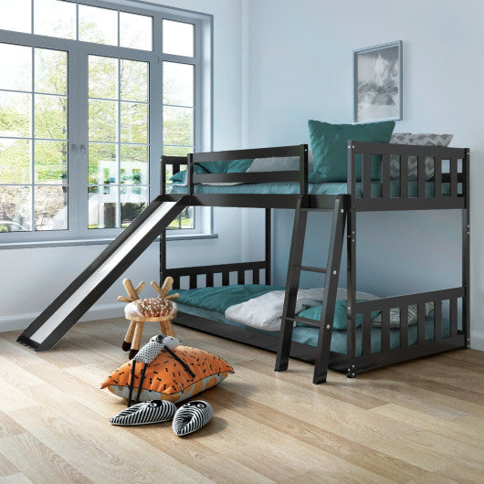 Twin over Twin Bunk Wooden Low Bed with Slide Ladder for Kids-Dark Brown
