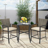 3 Pieces Patio Rattan Bar Furniture Set with Slat Table and 2 Cushioned Stools-Gray