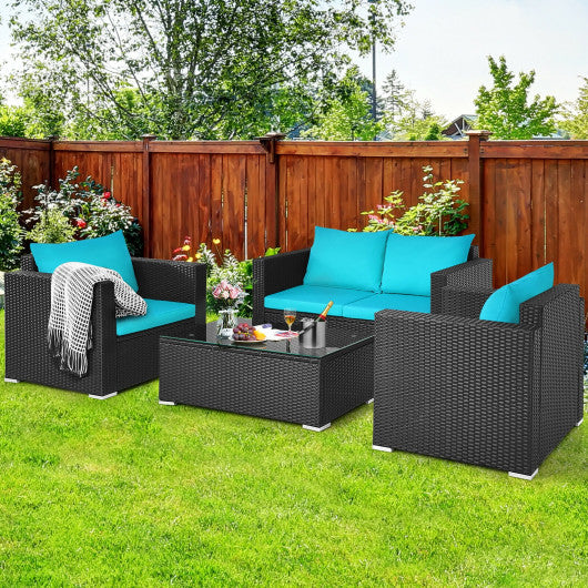 4Pcs Patio Rattan Cushioned Furniture Set-Turquoise