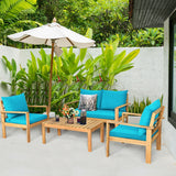 Outdoor 4 Pieces Acacia Wood Chat Set with Water Resistant Cushions-Turquoise