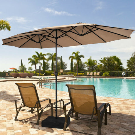 15 Feet Double-Sided Twin Patio Umbrella with Crank and Base-Brown
