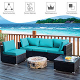 5 Pieces Cushioned Patio Rattan Furniture Set with Glass Table-Turquoise