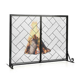 3-Panel Folding Wrought Iron Fireplace Screen with Doors and 4 Pieces Tools Set-Black
