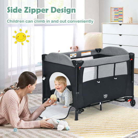 5-in-1 Baby Nursery Center Foldable Toddler Bedside Crib with Music Box-Black