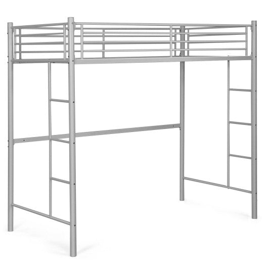 Twin Loft Bed Frame with 2 Ladders Full-length Guardrail -Silver