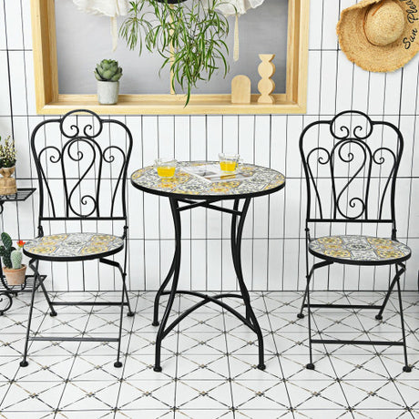 3 Pieces Patio Bistro Mosaic Design Set with Folding Chairs and Round Table