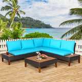 4 Pieces Patio Cushioned Rattan Furniture Set with Wooden Side Table-Turquoise