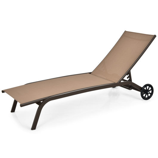 6-Poisition Adjustable Outdoor Chaise Recliner with Wheels-Brown