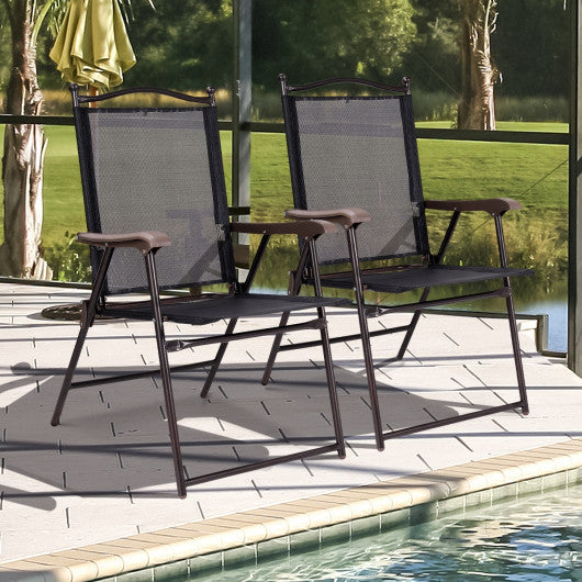 Set of 2 Patio Folding Sling Back Camping Deck Chairs-Black