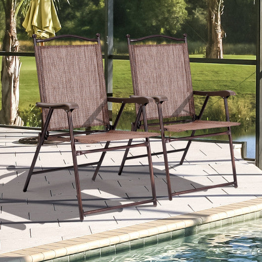 Set of 2 Patio Folding Sling Back Camping Deck Chairs-Brown