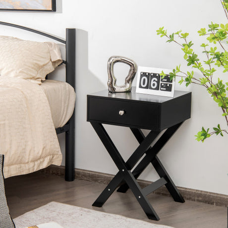 Modern X-Shaped Nightstand with Drawer for Living Room Bedroom-Black