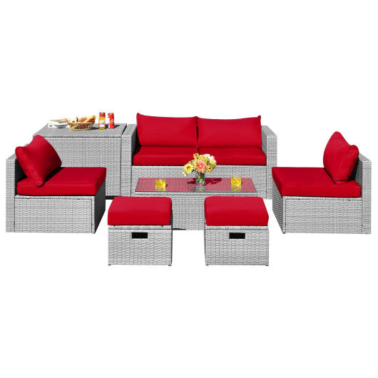 8 Pieces Patio Rattan Furniture Set with Storage Waterproof Cover and Cushion-Red