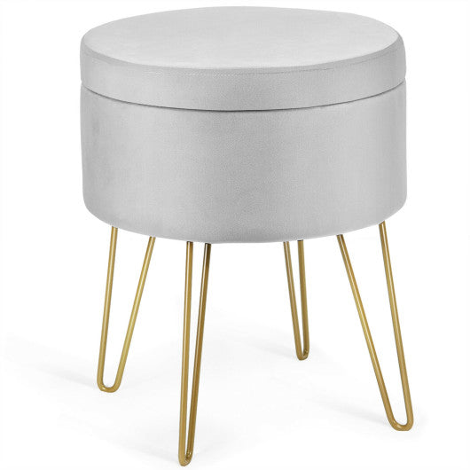 Round Velvet Storage Ottoman Footrest Stool Vanity Chair with Metal Legs-Gray