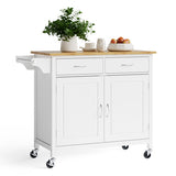 Modern Rolling Kitchen Cart Island with Wooden Top-White