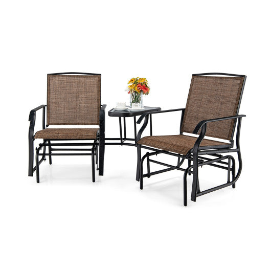 Double Swing Glider Rocker Chair set with Glass Table-Brown