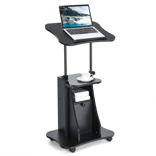 Adjustable Mobile Standing Desk Cart with Tilt Desktop and Cabinet-Black