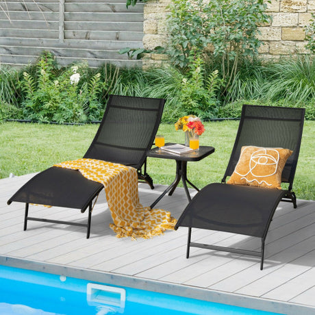2 Pieces Patio Folding and Stackable Chaise Lounge Chair with 5-Position Adjustment-Black